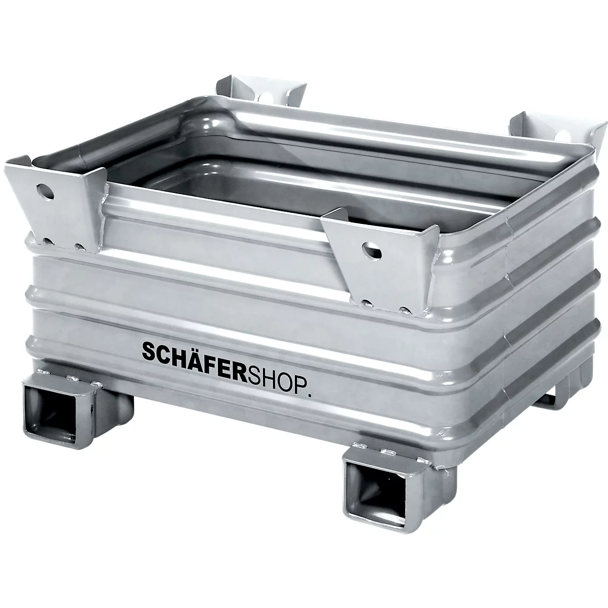 Metalen container. De wanden zijn gegolfd. Opschrift: SCHÄFERSHOP.